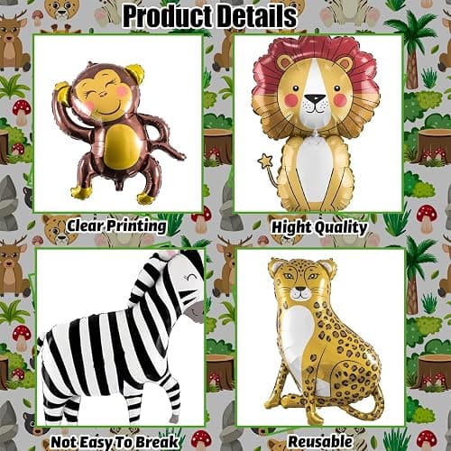 Jungle Safari Animals Balloons, Jungle Safari Theme Birthday Party Decorations, Lions Zebra Elephant Monkey Leopard Foil Balloons for Kids Boys Wild One Zoo Birthday Baby Shower Party Decor Supplies thumbnail 4