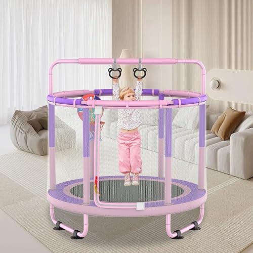 LANGXUN 60" Trampoline for Kids, 5ft Toddler Mini 6-in-1 Trampoline Indoor Outdoor with Swing, Basketball Hoop, Dart Board, Gymnastics Bar, Rings, Christmas Toys Birthday Gifts for Girls Boys Age 1-8 thumbnail 7