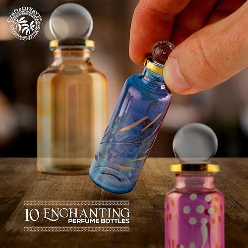 Egyptian Perfume bottles, Empty Glass Mini Bottles for Perfume, Essential Oils or Potion - Set of 10 Decorative Small Vials, Each 2" High (5cm), Assorted Colors thumbnail 8
