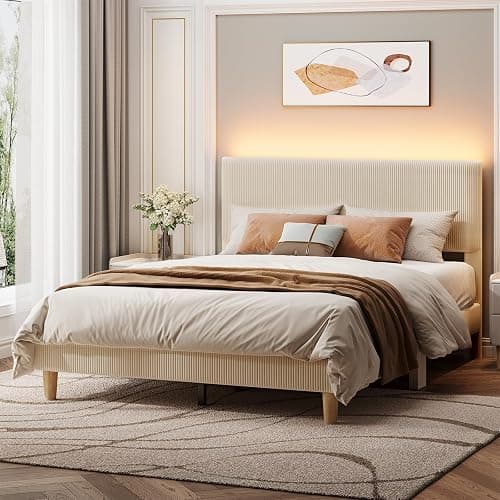 Bestier Queen Bed Frame with Headboard LED Lighting,Upholstered,Beige | Easy Assembly,LED Lighting Headboard,No Squeaks,Vertical Channel Corduroy Upholstered,Wood Slats Support,No Box Spring Needed - Image 1