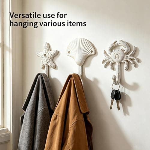 Cast Iron Wall Hooks Set of 3, Coastal Beach Towel Hooks for Bathroom | Durable cast iron wall hooks with coastal design for hanging towels, coats, and hats, adding seaside style to your home. thumbnail 6