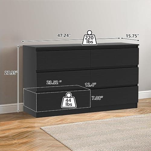 Vibe & Dine 6 Drawer Double Dresser, Modern Chest of Drawers with Wide Storage for Closet, Bedroom, Living Room, Black thumbnail 3