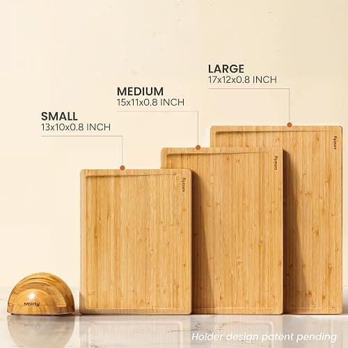 SMIRLY Bamboo Cutting Boards for Kitchen - Wood Cutting Board for Meal Prep, Serving, Charcuterie - Kitchen Gadgets, House Warming Gifts - Wooden Chopping Board Set of 3 with Holder - Natural Bamboo thumbnail 9