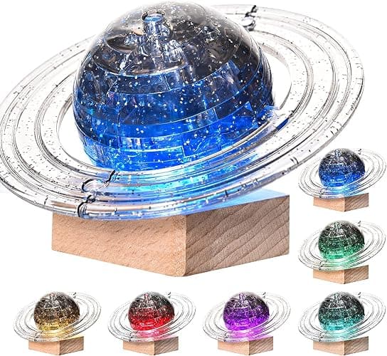 3D Crystal Puzzle, 3D Saturn Puzzle DIY Assembly Brain Teaser with Light-Up Wood Base, Plastic Crystal Fun Model Toy Gift Decoration for Adults Age 14 and Up, 40 Pieces, Grey - Image 1