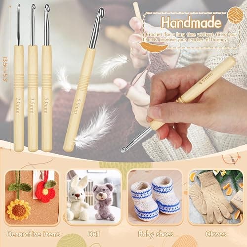 Aeelike Bambusgriff Häkelnadel Set für Anfänger, Arthritische Hände, Ergonomische Häkelset mit Tragetasche und Häkelzubehör, 2,0-6,0 mm Leichte Starter Häkelnadeln Set mit Glatt Aluminium Hakenkopf thumbnail 6