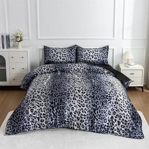 A Nice Night Leopard Printed，Silver Grey Satin Silky Soft Quilt Sexy Luxury Super Soft Microfiber Comforter Quilt Bedding 5PCS Comforter Set, Light Weighted (Silver, Queen(88-by-88-inches)) thumbnail 2