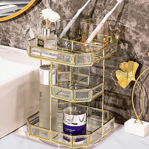 ZOOFOX 360 Degree Rotating Glass Makeup Organizer, Large Cosmetics Storage Display Holder with Gold Trim for Vanity, Clear Makeup Carousel for Perfume, Cosmetics, Brushes, Lotion, Lipsticks thumbnail 7