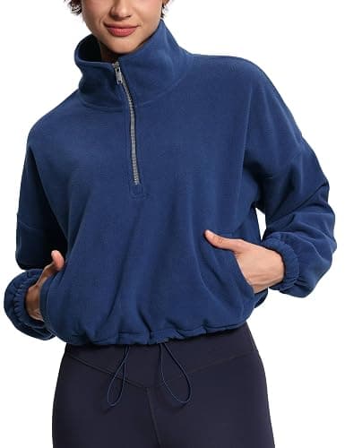 THE GYM PEOPLE Women’s Half Zip Crop Pullover Sweatshirt Fleece Loose Fit Workout Tops with Pockets Drawstring Hem - Image 1