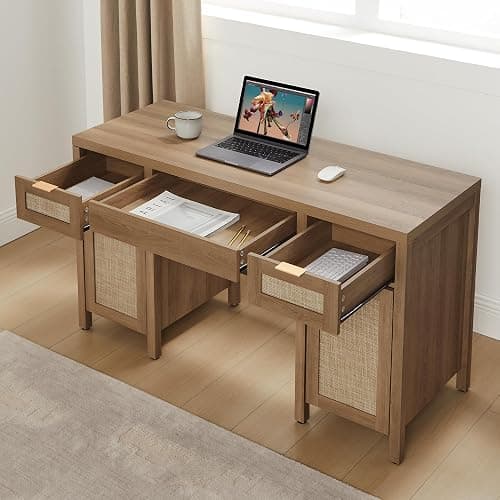 SICOTAS 52" Rattan Home Office Desk with 3 Drawers: Boho Executive Desk with 2 Storage Cabinets, Large Computer Writing Table for Study, Office, Living Room thumbnail 3