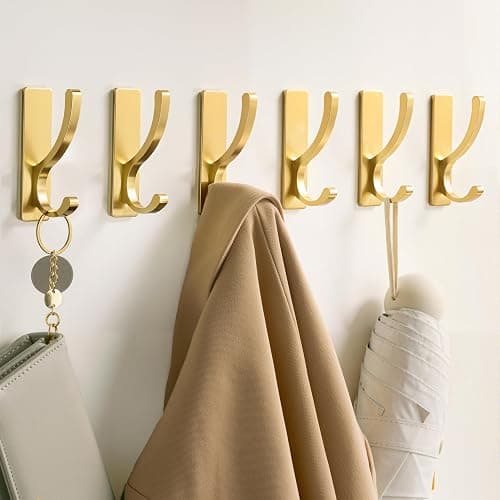 Adhesive Wall Hooks for Towels Coats - Stick On Hooks Hanging Heavy Duty (13lb), Metal Hook for Door, Bathroom, Dorm, Closet - Hanger for Purse, Bag, Robe,Backpack - No Damage to Wall - Gold 6 Pack thumbnail 9