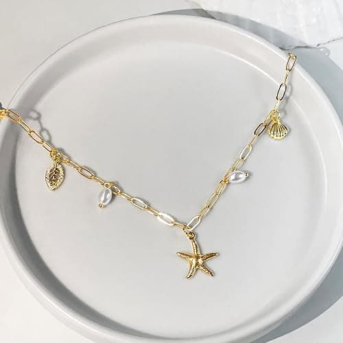 Zeffy Shell Necklace for Women,14K Gold Plated Layered Starfish Conch SeaShell Pearl Pendant Charm Necklace Stack Waterproof Dainty Beach Jewelry for Summer Vacation thumbnail 7