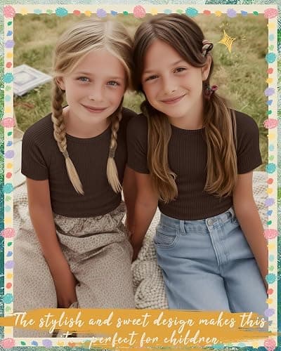 LessonZoo Girls Short Sleeve Shirts Kids Ribbed Knit Side Ruched Tops Crew Neck Slim Fit Tees Summer Basic Cute 5-14 Years thumbnail 3