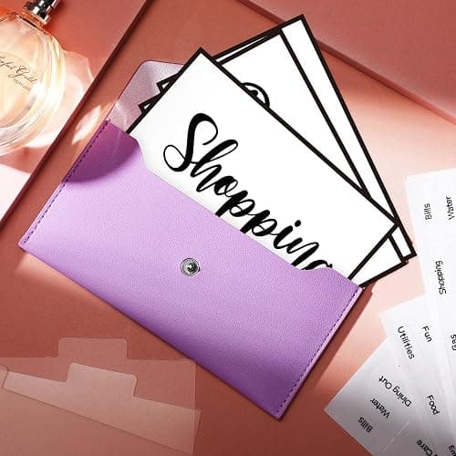 Frienda Cash Envelope Wallet PU Leather 7 x 3.5 Inch Reusable Budget Money Pouch Envelope Organizer 8 Cash Dividers 2 Sheets Category Sticker Labels for Wallets Bill Planner(Purple,Classic) thumbnail 2
