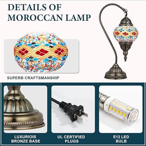 Marrakech Stained Glass Lamp Turkish Table Lamp with Tiffany Style, Handmade Moroccan Mosaic Lamps Vintage with Swan Neck Bronze Base Including LED Bulb for Living Room Bedroom Decor (Colorful3) thumbnail 4
