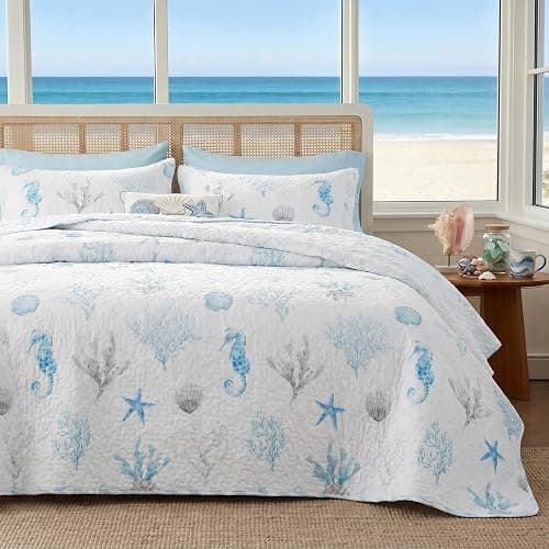 Bedsure Coastal Bedding Quilts Queen Size - Lightweight Summer Comforter Queen Size, Reversible Beach Bedding Nautical Bedspread, Soft Microfiber Blue & White Coverlet for All-Season(90"x96") - Image 1