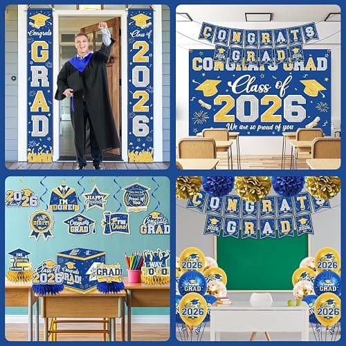 Graduation Decorations Class of 2026 Blue and Gold Graduation Decorations with Congrats Grad Banner,Backdrop,Porch Sign,Balloons,Hanging Swirls,Honeycomb Centerpieces,Box for Graduation Party Supplies thumbnail 4