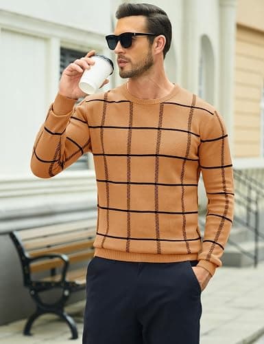 MAGCOMSEN Men's Crewneck Sweaters Cotton Lightweight Plaid Pullover Sweater Warm Casual Fall Winter Sweatshirts thumbnail 3