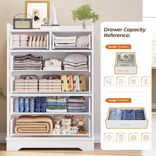 Hasuit White 6 Drawer Dresser, Wooden Storage Chest of 6 Drawers, Vertical Large Capacity Clothing Storage Organizer, Tall Dressers for Bedroom, Hallway, Entryway thumbnail 3