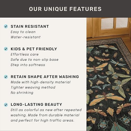 Hazo Haus Black Washable Insect Area Rugs 8x10 for Living Room, Bedroom, Dining Room Under Table, Playroom, Large Dark Whimscal Boho Indoor Rug, Ultra Soft Low Pile Non Slip thumbnail 7