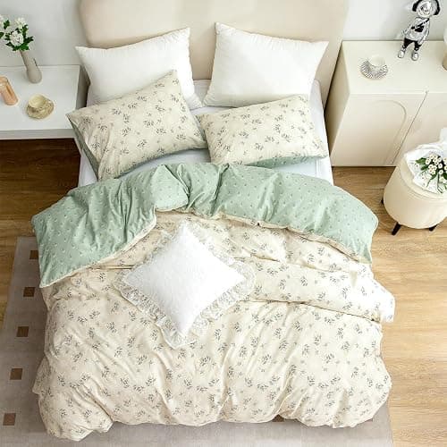 Duvet Cover King Size Floral, 100% Cotton 3 Pieces King Bedding Set Flowers, Garden Style Green Flower Pattern King Flower Duvet Cover, with Zipper Closure, Luxury Breathable Comfy thumbnail 9