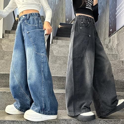 Little Girls Cargo Jeans Teen Baggy Straight Wide Leg Denim Pants High Waist Casual Streetwear Kids Y2k Trousers with Pockets thumbnail 4