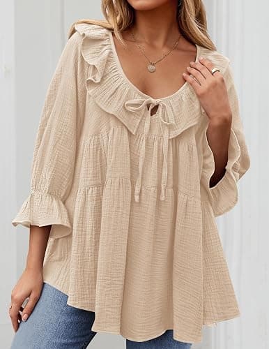 ZESICA Womens Scoop Neck 3/4 Length Sleeve Tops 2025 Casual Tie Front Ruffle Tiered Loose Tunic Shirts Blouses Fall Outfits thumbnail 2