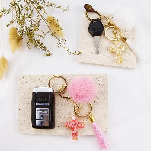 Tinsparkwin 2Packs Cross Pom Pom Keychains Christian Keyring Tassels Plush Resin Jesus Key Chain Bag Charm Phone Key thumbnail 4