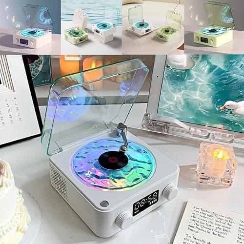 Waves Bluetooth Speaker, Portable CD/Vinyl Player, Vintage Style with Ambient Lights - White thumbnail 2