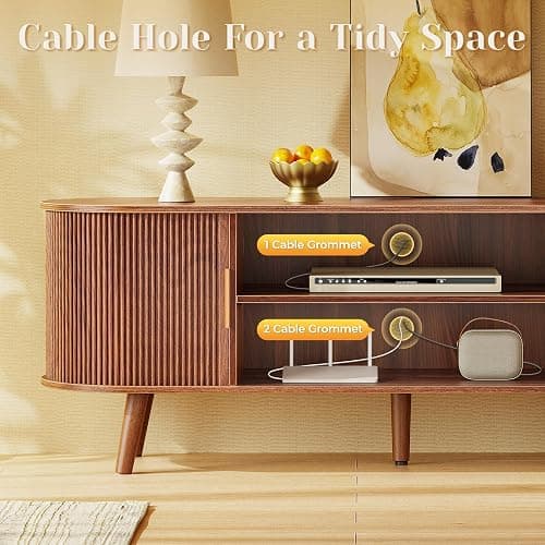 PRAISUN 54 Inch Fluted TV Stand for TVs up to 55 Inch, TV Media Console with Power Outlets and USB-C Port, Entertainment Center with Storage, Curved Sliding Doors, Adjustable Shelf, Brown thumbnail 6