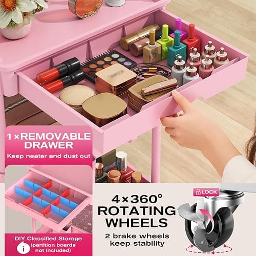 Goovilla Rolling Makeup Organizer Cart with Removable Drawer, 3 Tier Pink | Stable Floor Skincare Storage Cart for Vanity, Cosmetic Display, Nail Polish, Perfume, Hair Stuff, Beauty, Bathroom(Plastic) thumbnail 3