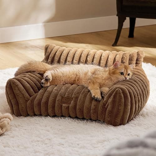 Bedsure Cute Cat Couch for Pets - Fluffy Cat Sofa with Premium Soft Corduroy Fleece, Fuzzy Pet Couch Bed with Removable Washable Cover, Supportive Pet Chair for Indoor Cats, 24inch, Copper Brown - Image 1