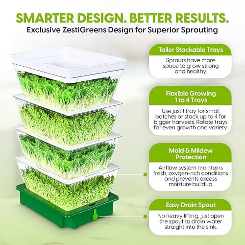 ZESTIGREENS 4-Tier Sprouting Kit with Drain Spout – Stackable Seed Sprouter Trays for Growing Fresh Sprouts at Home – BPA-Free, Easy Rinse & Drain System thumbnail 5