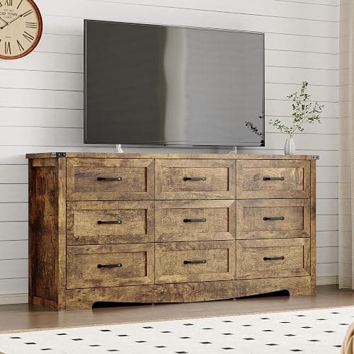 BORNOON 9-Drawer Dresser for Bedroom, Modern Wooden Chest of Drawers with Metal Handles, Anti-Tipping Design, Sturdy and Stable Storage Organizer for Living Room, Entryway, Home Office thumbnail 5