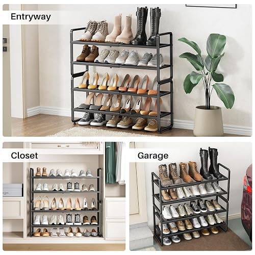 SNTD Shoe Rack - Expandable Shoe Organizer for Closet, Adjustable Metal Shoe Shelf Storage, Stackable Long Shoe Stand Holder for Garage, Entryway, Door Entrance (Black, 4-Tier) thumbnail 8