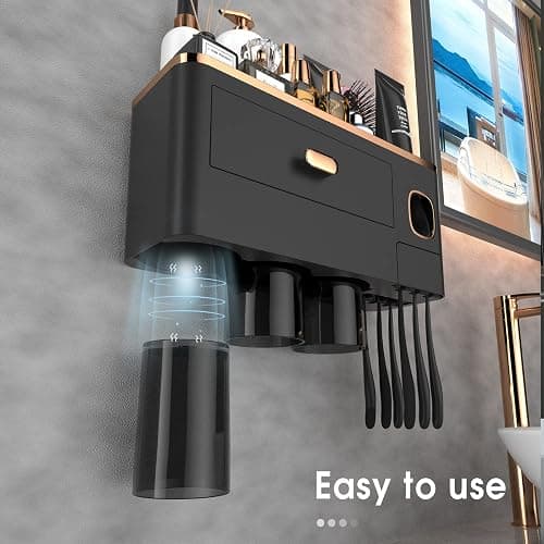 iHave Toothbrush Holders for Bathrooms - Upgrade Wall Mounted Toothbrush Holder with Toothpaste Dispenser - 3 Cups, Large Capacity Tray - Bathroom Accessories & Bathroom Storage thumbnail 4