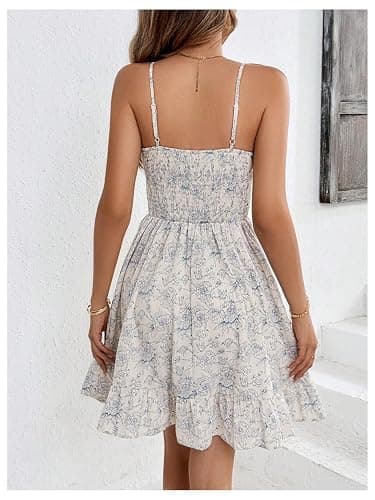 MakeMeChic Women's Floral Print Short Cami Dress Shirred Spaghetti Strap Frill Trim Boho Dresses - X-Small - White thumbnail 2