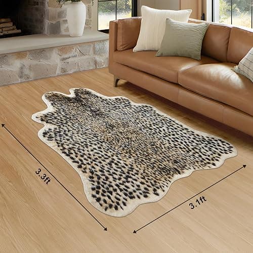 Cheetah Print Rug Leopard Carpet: Small Faux Cowhide Skin Fur Area Rug Animal Printed Hide Mat for Living Room Kitchen 3.3 x 3.1ft thumbnail 2