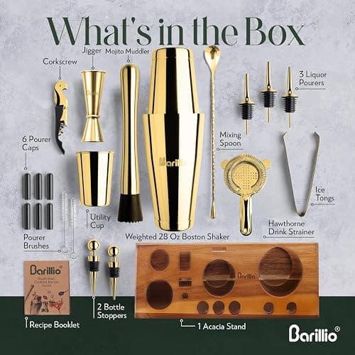 Barillio Gold Bartender Kit – 23-Piece Stainless-Steel Cocktail Shaker Set with Premium Acacia Stand | Martini Barware Mixing Tools for Home Bartending | Gift Set thumbnail 2