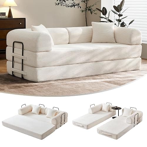 SAVENICA 79" Corduroy Floor Sofa Bed, Convertible Modular Sleeper Sofa, Removable Parts Design, Comfortable Seating and Sleeping, for Family Use, Relaxation Area (Beige White) - Image 1