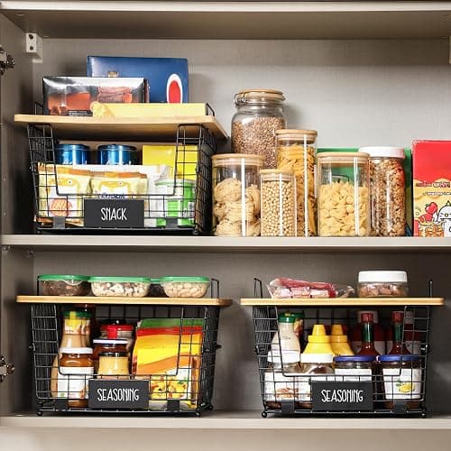 2 Set XXL Stackable Wire Basket with Bamboo Tops & Tag- Pantry Organizer and Storage Bins, Kitchen Counter Cabinet Shelf Countertop Under Sink Organizing, Food Snack Produce Onion Potato Bread Storage thumbnail 4