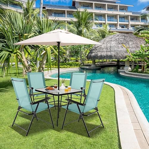 Tangkula Patio Folding Chairs Set of 4, Outdoor Sling Chairs with Breathable Fabric Back & Seat, Portable Dining Camping Chairs for Poolside, Yard, Garden, Deck, Lawn, Beach (Mint Green) thumbnail 2
