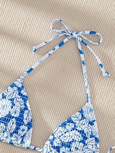 SHENHE Women's Triangle Halter Bikini Top Floral Tie Back Smocked Cute Swimsuit Top thumbnail 3