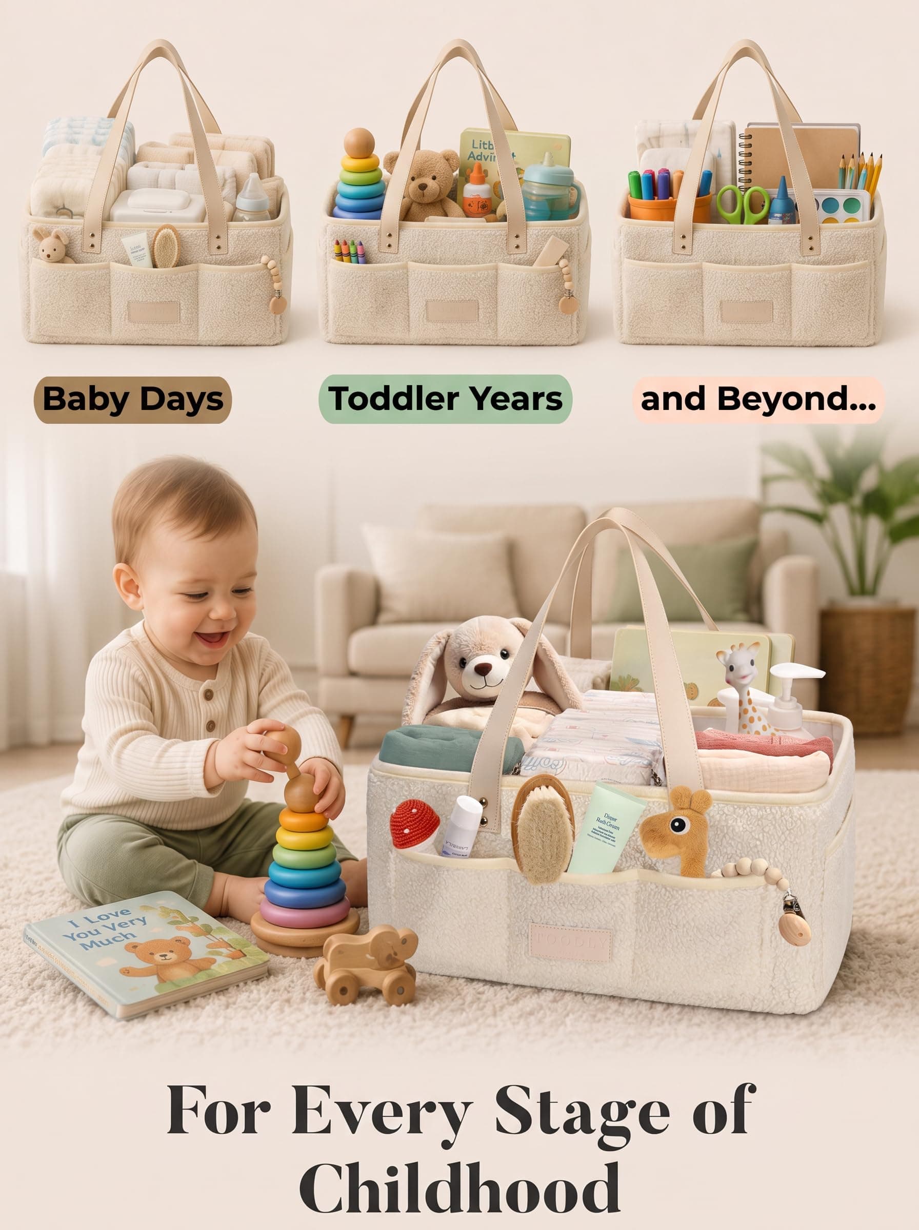 Baby Diaper Caddy Organizer with Portable Changing Mat - Teddy Fleece Diaper Organizer for Changing Table - Baby Basket for Diaper Changing Essentials - Baby Caddy Organizer with Removable Dividers thumbnail 6