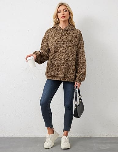 Eutten Womens Camo Hoodies Maple Leaf Print Oversized Hooded Sweatshirt Fleece Pullover Sweatshirts Long Sleeve with Pocket - Small - Leopard Khaki thumbnail 2