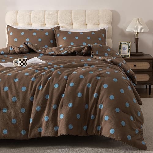 Caressma Brown Full Comforter Set with Polka Dots 3 Pieces Bedding Set | Mustard Yellow with Polka Dot Comforter Bed Set, Cozy Washed Seersucker Comforter Set with Pillowshams - Image 1