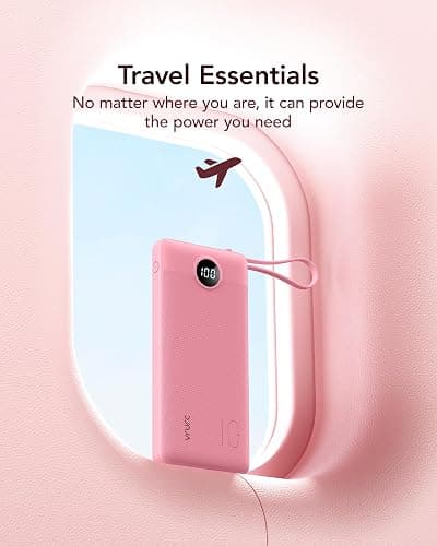 VRURC Portable Phone Charger, Built-in 4 Cables USB C Power Bank 10000mAh | Slim Power Bank for Travel,5 Output 2 Inpput Charging Bank,Multi Devices Battery Pack for iPhone,Android-Barbie Pink(1 Pack) thumbnail 4