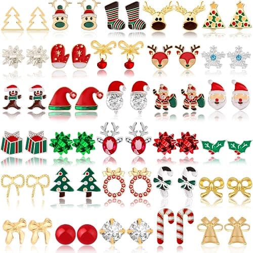 Gushu 30 Pairs Christmas Earrings for Women, Xmas Gifts Holiday Cute Stud Earrings Hypoallergenic Christmas Tree Snowflake Bow Snowman Stocking Santa Claus Elk Stud Festive Party Jewelry Gifts - Image 1