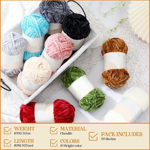 Woanger 20 Skeins Soft Chenille Yarn Velvet Blanket Yarn for Crocheting Hand Knitting Weaving DIY Craft, 10 Colors, 93 Yards Each (Classic Color) thumbnail 2