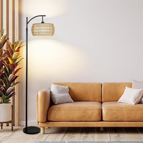 Arc Floor Lamp with Remote Control, Dimmable LED Floor Lamp with 3 Color Temperature, Black Standing Lamp with Rattan & Fabric Double Drum Shade, Boho Farmhouse Tall Pole Lamp for Living Room Bedroom thumbnail 8