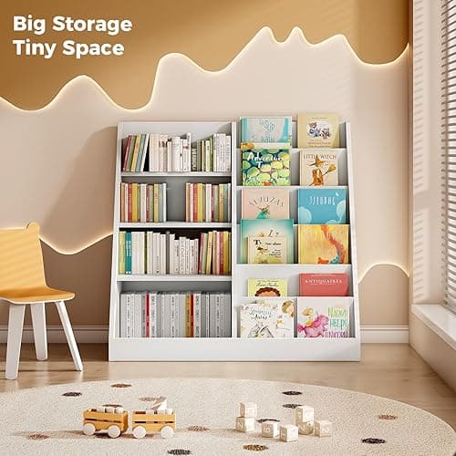 Tatub 6 Tier Kids Wooden Bookshelf and Toy Storage, Children Toy Organizer with Book Shelves, Toddler BookRack Baby Bookcase for Nursery, Playroom and Classroom, White thumbnail 7